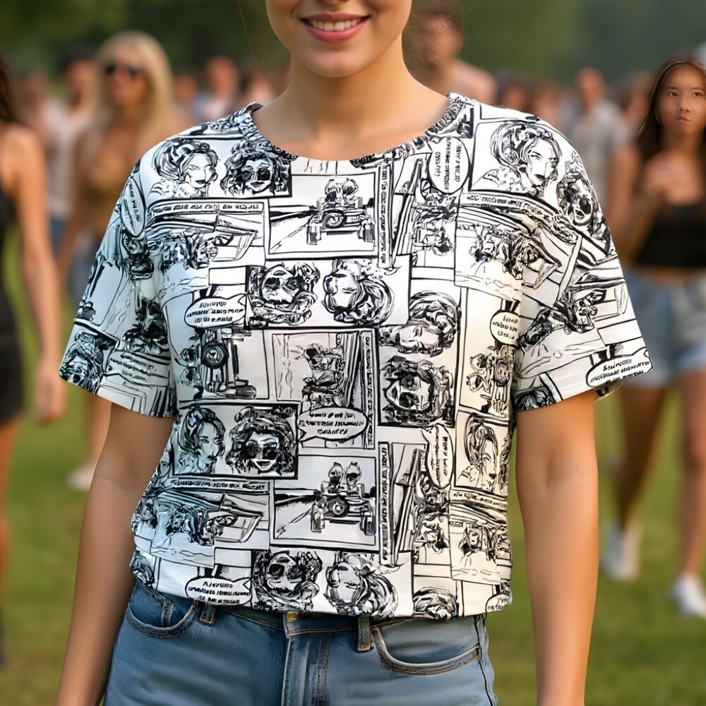 Zara Monochrome Comic Print Festival Road Trip Cropped Tee